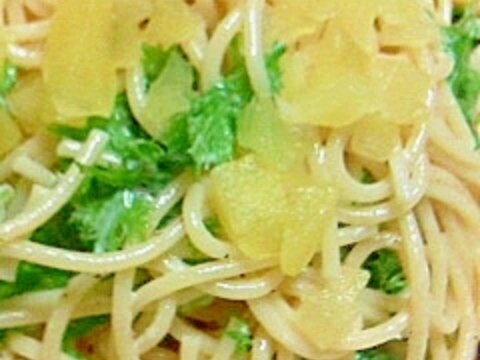 わさび菜とりんご煮のスパゲティサラダ